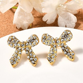 304 Stainless Steel Bowknot Stud Earrings, with Rhinestone, Crystal, 29~30x29~30mm