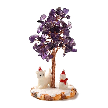 Christmas Natural Amethyst Chips Tree Decorations, Snowman Resin Base with Copper Wire Feng Shui Energy Stone Gift for Home Office Desktop, 60.5x115mm