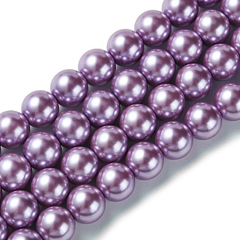 Eco-Friendly Glass Pearl Beads Strands, Grade A, Round, Dyed, Cotton Cord Threaded, Violet, 14mm, Hole: 1.2~1.5mm, about 30pcs/strand, 15.7 inch
