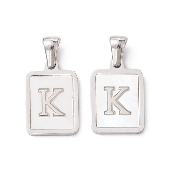 304 Stainless Steel Pave Shell Pendants, Rectangle Charm, Stainless Steel Color, Letter K, 17.5x12x1.5mm, Hole: 3x5mm