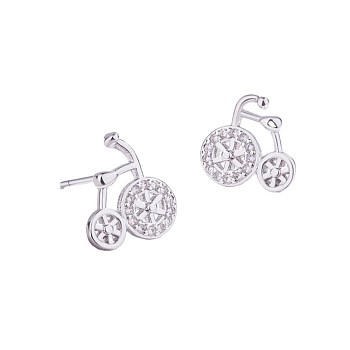 Brass Micro Pave Clear Cubic Zirconia Stud Earrings, Bicycle, Platinum, 10.2x11x2mm, Pin: 0.7mm