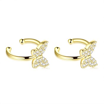 Brass Micro Pave Clear Cubic Zirconia Cuff Earrings, Butterfly, Golden, 13mm