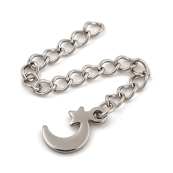 304 Stainless Steel Chain Extender, Curb Chain, with 202 Stainless Steel Charms, Moon with Star, Platinum, 62mm, Link: 3.7x3x0.5mm; Moon with Star: 11x6.8x1mm