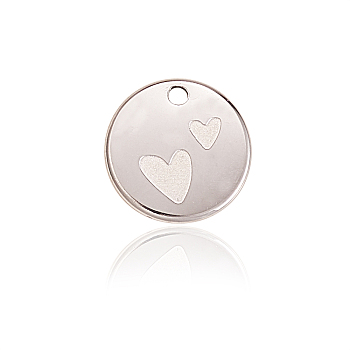 304 Stainless Steel Pendants, Flat Round with Heart Pattern, Stainless Steel Color, 11.5x1mm, Hole: 1.4mm