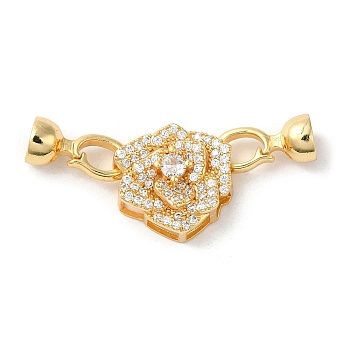 Rack Plating Brass Micro Pave Clear Cubic Zirconia Flod Over Clasps, Cadmium Free & Lead Free, Long-Lasting Plated, Flower, Golden, Flower: 17.5x15x8mm, Clasp: 15x7x7mm, Inner Diameter: 5.5mm