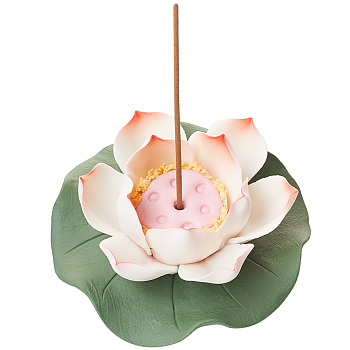 Porcelain Incense Burner Holder, Home Office Teahouse Zen Buddhist Supplies, Lotus & Lotus Leaf, Orange Red, 88x90.5x33mm, Hole: 3.5mm