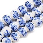 Handmade Flower Printed Porcelain Ceramic Beads Strands, Round, Royal Blue, 10mm, Hole: 2mm, about 35pcs/strand, 13.5 inch(PORC-M007-10mm-15)