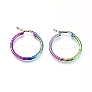 201 Stainless Steel Hoop Earrings, with 304 Stainless Steel Pin, Hypoallergenic Earrings, Ring Shape, Rainbow Color, 12 Gauge, 25x2mm, Pin: 0.7x1mm(X-EJEW-A052-20J-M)