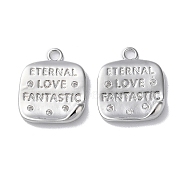 Brass Micro Pave Cubic Zirconia Pendants, Square with Word Charms, Real Platinum Plated, 15.5x13x1.5mm, Hole: 1.8mm(KK-F867-05P)