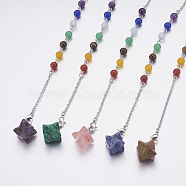 Natural & Synthetic Mixed Stone Dowsing Pendulums, with Mixed Stone and Brass Findings, Chakra, Merkaba Star, Platinum, 205~230mm(MAK-P009-C)