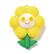 PVC Plastic Big Pendants, Flower with Smiling Face Charm, Yellow, 52.5x41x21mm, Hole: 3mm(PVC-M001-01B)