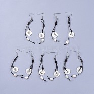 Freshwater Shell Dangle Earrings, with Natural Freshwater Pearl Beads, Cowhide Leather Cord and 316 Surgical Stainless Steel Earring Hooks, Flat Round with Mixed Shaped Pattern, Black & White, 92~98mm, Pin: 0.7mm(EJEW-JE03220)