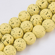 Spray Painted Natural Lava Rock Beads Strands, Round, Light Khaki, 8~9mm, Hole: 0.7mm, about 47~48pcs/Strand, 15.75 inch(40cm)(G-N0324-C-09)