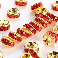 Brass Grade A Rhinestone Spacer Beads, Golden Plated, Rondelle, Nickel Free, Light Siam, 10x4mm, Hole: 2mm(RSB039NF-08G)