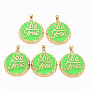 Brass Enamel Pendants, Cadmium Free & Nickel Free & Lead Free, Real 16K Gold Plated, Bottle Cap with Word Be Free, Lime, 27x25x4.5mm, Hole: 4.5x3.5mm(ENAM-S128-002K-NR)