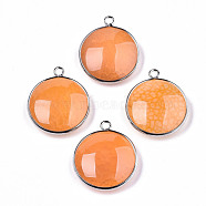 Natural Crackle Agate Pendants, with Platinum Plated Brass Findings, Dyed & Heated, Flat Round, Dark Orange, 27~28x23~24x7~9.5mm, Hole: 2mm(G-N326-87A-11)