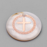 Freshwater Shell Pendants, with Iron Findings, Flat Round with Cross, Rose Gold, Seashell Color, 18x3~4mm, Hole: 1mm(SHEL-S269-50)