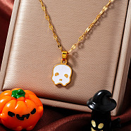 Stainless Steel Enamel Halloween Skull Pendant Dapped Chain Necklaces, Golden, White, 15.75 inch(40cm)(VT5751)