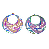 Ion Plating(IP) 304 Stainless Steel Filigree Pendants, Etched Metal Embellishments, Flat Round, Rainbow Color, 43x40x0.2mm, Hole: 1.8mm(STAS-S118-071)