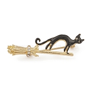 Alloy Rhinestone Brooch Pin, Enamel Cat with Broom, Golden, 19x50.5x10.5mm(JEWB-Q030-40G)