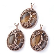 Natural Tiger Eye Big Pendants, with Rose Gold Tone Brass Findings, Oval with Tree of Life, 56~58.5x35~36x12~13.8mm, Hole: 4.2~5.2x4.6~6mm(G-G771-C02)