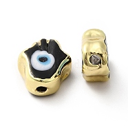 Handmade Evil Eye Lampwork Beads, with Golden Plated  Brass Edge, Long-Lasting Plated, Hamsa Hand, Black, 15~17x11.5~12.5x5~5.5mm, Hole: 1.8mm(LAMP-F026-03D)
