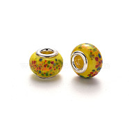 Handmade Lampwork European Beads, Large Hole Rondelle Beads, with Platinum Tone Brass Double Cores, with Mix Color Point Pattern , Yellow, 14~16x9~10mm, Hole: 5mm(LPDL-N001-077-B07)