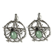 Natural Green Aventurine Pendants, Alloy Pentagram with Spider Charms, Antique Silver, 44.5x39x7mm, Hole: 7.5x6.5mm(G-P547-05AS-12)