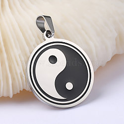 Feng Shui Enamel 304 Stainless Steel Pendants, Flat Round with Yin-yang, Stainless Steel Color, 34.5x30x2mm, Hole: 5.5x10.5mm(STAS-O079-06P)