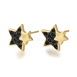 Rack Plating Brass Micro Pave Cubic Zirconia Stud Earring, Long-Lasting Plated, Cadmium Free & Lead Free, Star, Black, Real 18K Gold Plated, 11x12mm(EJEW-C101-01G)