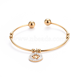304 Stainless Steel Charm Bangles, Cuff Bangles, Torque Bangles, with Polymer Clay Rhinestone and Round Beads, Flat Round with Clover, Golden, 2-1/4 inchx2 inch(5.7x5cm)(BJEW-L664-002G)