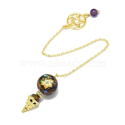 Round Resin Dowsing Pendulum Big Pendants, Natural Tiger Eye Chip Inisde and Cadmium Free & Lead Free Golden Plated Brass Findings, Cone Charm, 215mm(G-C117-01G-01)