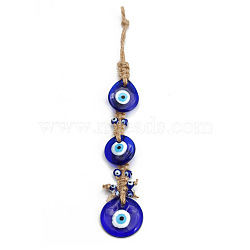 Evil Eye Glass Pendant Decorations, Tassel Hemp Rope Hanging Ornament, Royal Blue, Teardrop Pattern, 240mm(EVIL-PW0002-03B)