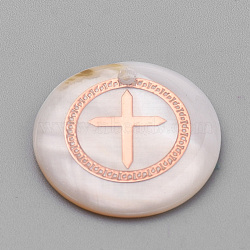 Freshwater Shell Pendants, with Iron Findings, Flat Round with Cross, Rose Gold, Seashell Color, 18x3~4mm, Hole: 1mm(SHEL-S269-50)