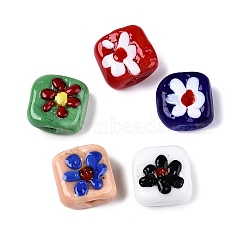 Handmade Lampwork Beads, Square with Flower, Mixed Color, 15~16x15x8mm, Hole: 1.4~1.5mm(LAMP-T021-21)