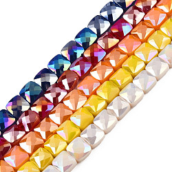 Electroplate Opaque Solid Color Glass Beads Strands, AB Color Plated, Faceted, Square, Mixed Color, 6x6x4.5mm, Hole: 1.2mm, about 95~98Pcs/strand, 24.41 inch(62cm)(EGLA-N002-42)