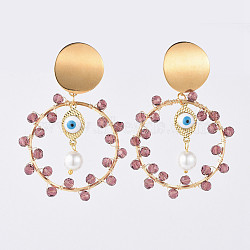 Dangle Stud Earrings, with 304 Stainless Steel Stud Earrings Findings, Brass Enamel Evil Eye Links, Linking Rings, Glass Beads and Earring Backs, Golden, Purple, 63mm, Pin: 0.7mm(EJEW-JE03683-02)