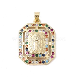 Brass Cubic Zirconia Pendants, Long-Lasting Plated, Polygon with Holy Virgin Charms, Golden, Colorful, 34.5x26.5x7.5mm, Hole: 6x3mm(KK-Z050-32G-02)