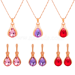 3 Colors Rhinestone Teardrop Dangle Stud Earrings & Pendant Necklace, Alloy Jewelry Set for Women, Mixed Color, 433mm(SJEW-HY0001-23)