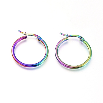201 Stainless Steel Hoop Earrings, with 304 Stainless Steel Pin, Hypoallergenic Earrings, Ring Shape, Rainbow Color, 12 Gauge, 25x2mm, Pin: 0.7x1mm