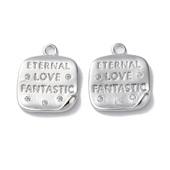 Brass Micro Pave Cubic Zirconia Pendants, Square with Word Charms, Real Platinum Plated, 15.5x13x1.5mm, Hole: 1.8mm