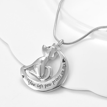 316L Surgical Stainless Steel Moon with Pet Urn Ashes Pendant Necklace, Word You Left Paw Prints On My Heart Memorial Jewelry for Women, Dog Pattern, Pendant: 40x30mm