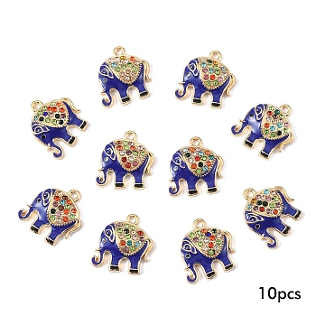10Pcs Alloy Colorful Rhinestone and Enamel Pendants, Elephant Charms, Golden, Dark Slate Blue, 17x19mm, Hole: 1.8mm