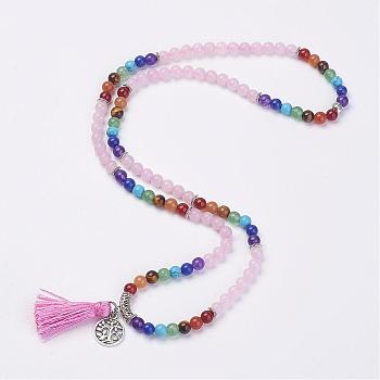 Natural Gemstone Beads Necklaces, with Polyester Tassel and Alloy Findings, 29.1 inch(74cm)