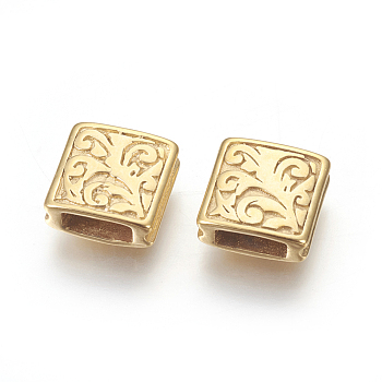 304 Stainless Steel Beads, Ion Plating (IP), Grooved Square, Golden, 10x10x4mm, Hole: 2.5x6mm
