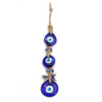 Evil Eye Glass Pendant Decorations, Tassel Hemp Rope Hanging Ornament, Royal Blue, Teardrop Pattern, 240mm