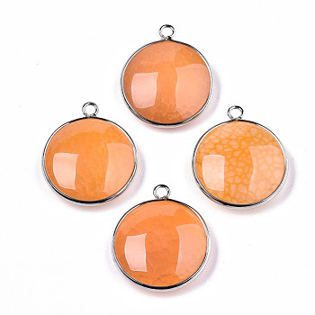 Natural Crackle Agate Pendants, with Platinum Plated Brass Findings, Dyed & Heated, Flat Round, Dark Orange, 27~28x23~24x7~9.5mm, Hole: 2mm