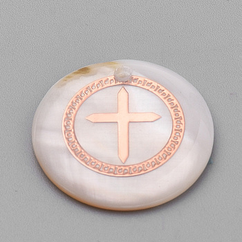 Freshwater Shell Pendants, with Iron Findings, Flat Round with Cross, Rose Gold, Seashell Color, 18x3~4mm, Hole: 1mm