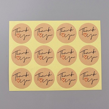 Round Dot Kraft Paper Adhesive Label Stickers, Word Thank You Heart Sealing Decals for Gift Seal Decor, BurlyWood, 156x120x0.3mm, Sticker: 35mm, 12pcs/sheet