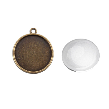 Pendant Making Sets, with Alloy Pendant Cabochon Settings and Glass Cabochons, Flat Round, Nickel Free, Antique Bronze, Tray: 20mm, 26x23x2mm, Hole: 2mm, 19.5~20x5.5mm